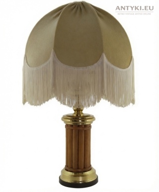 XXL! Duża lampa stołowa mosiądz drewno abażur z frędzlami vintage