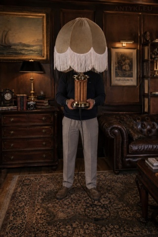 XXL! Duża lampa stołowa mosiądz drewno abażur z frędzlami vintage