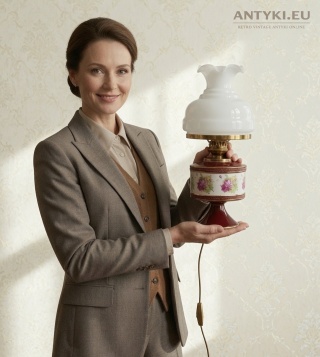 Ekskluzywna porcelanowa lampa stołowa RUEL Szwajcaria vintage bordowa