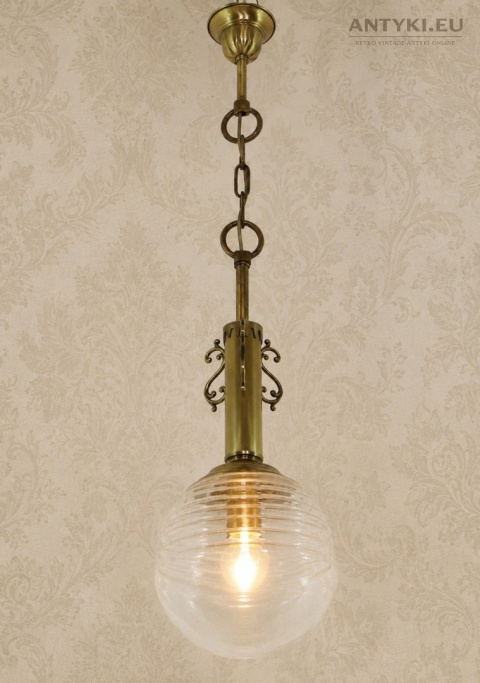 lampa wisząca mosiężna vintage, zwis sufitowy retro, lampa Chesterfield, lampa do gabinetu, stara lampa sufitowa, klosz szklany E27