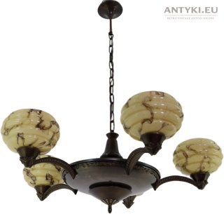 XL! Duży antyczny żyrandol Art Deco z marmurkowymi kloszami Niemcy lata 20/30