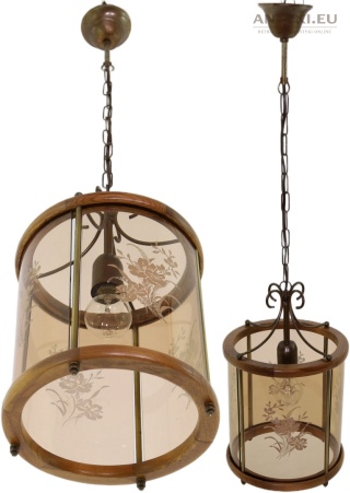 Duża rustykalna lampa wisząca walcowa dębowa mosiężna vintage Massiv Messing