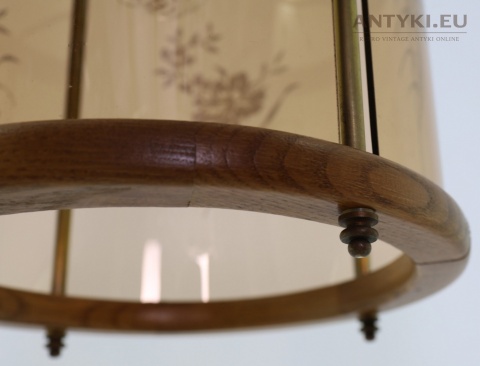 Duża rustykalna lampa wisząca walcowa dębowa mosiężna vintage Massiv Messing