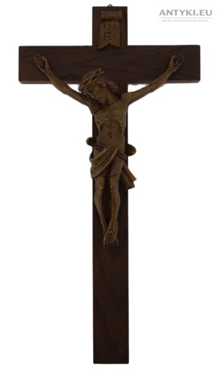 Antyczny krzyż ścienny drewniany ręcznie rzeźbiony – Jezus Chrystus, 45 cm