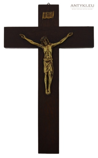 Antyczny krzyż wiszący drewniany z mosiężną figurą Jezusa – 40 cm