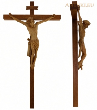 Duży drewniany krzyż ścienny vintage 65 cm – ręcznie rzeźbiony Jezus