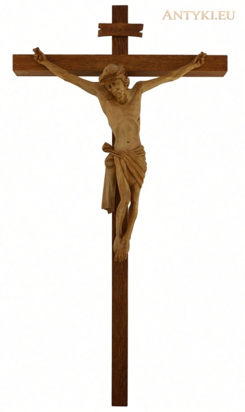 wysoki krzyż drewniany vintage 65 cm z ręcznie rzeźbioną figurą Jezusa