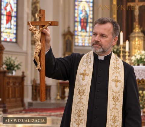 duży drewniany krzyż z Jezusem trzymany przez duchownego we wnętrzu kościoła