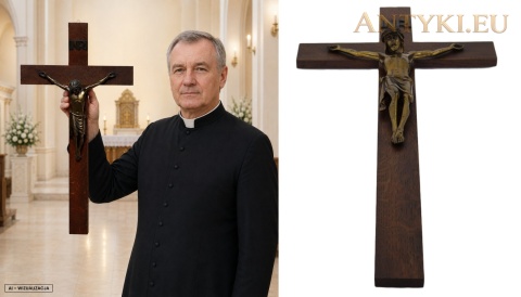 Duży dębowy krzyż z Jezusem Chrystusem INRI – krucyfiks vintage