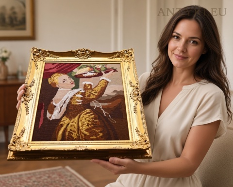 pozłacana rama Ludwika XV z gobelinem przedstawiającym kobietę z tacą