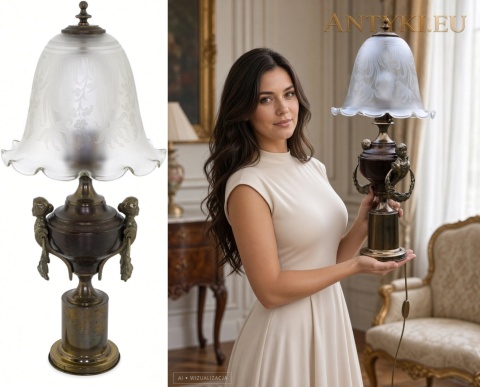 mosiężna lampa ze szklanym kloszem zestawiona z wizualizacją we wnętrzu