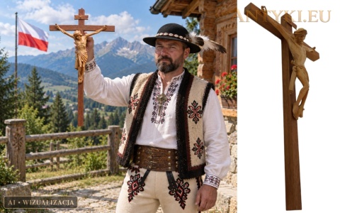 drewniany krzyż z Jezusem na tle gór oraz osobny widok produktu z boku
