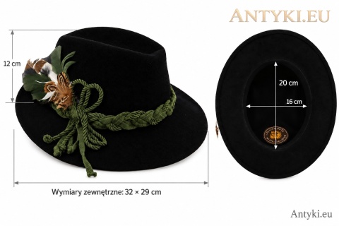 Wymiary kapelusza: wysokość 12 cm, zewnętrzne 32 × 29 cm, otwór 20 × 16 cm