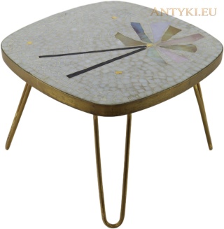 Kwietnik vintage z mozaiką i masą perłową – mosiężny stoliczek Mid-Century