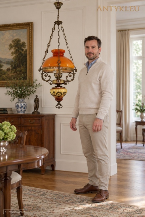 lampa z miodowym kloszem i kwiatową ceramiką w jasnym salonie z drewnianymi meblami