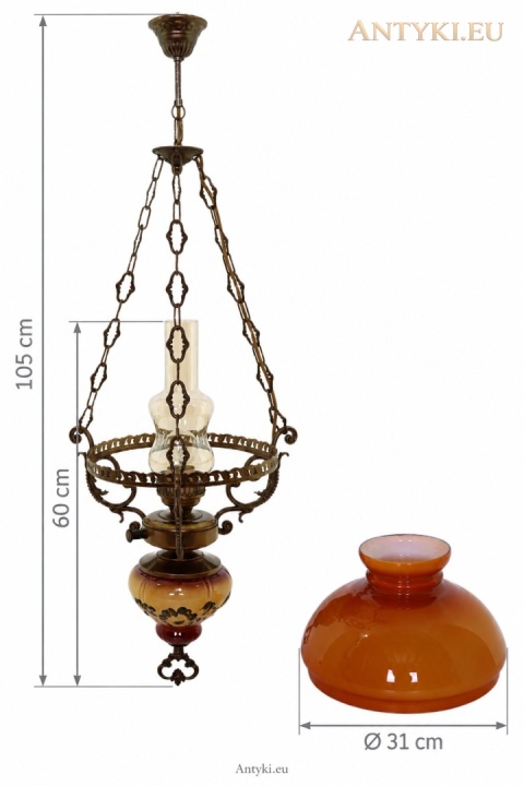 lampa wisząca z zaznaczoną wysokością całkowitą, wysokością korpusu i średnicą klosza