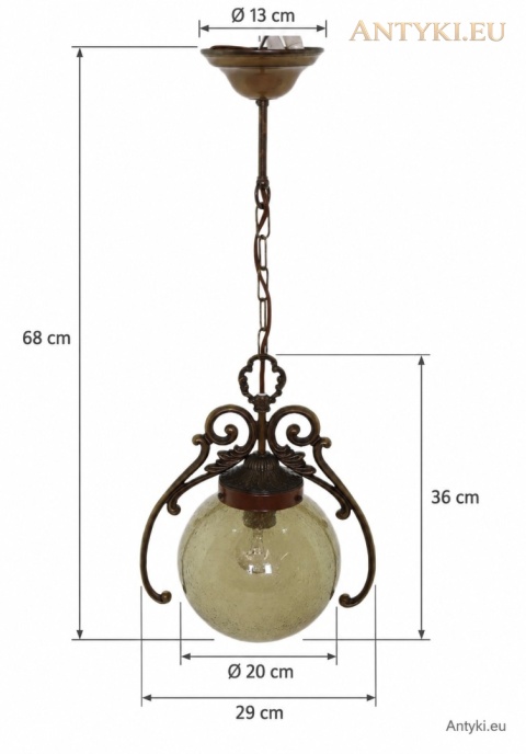 lampa wisząca z oznaczonymi wymiarami wysokości, szerokości i średnic