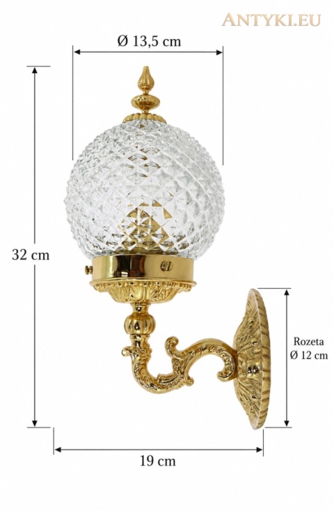 kinkiet z wymiarami: wysokość 32 cm, głębokość 19 cm, klosz Ø 13,5 cm i rozeta Ø 12 cm