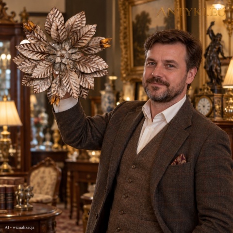 Florystyczny plafon prezentowany w eleganckim wnętrzu antykwariatu