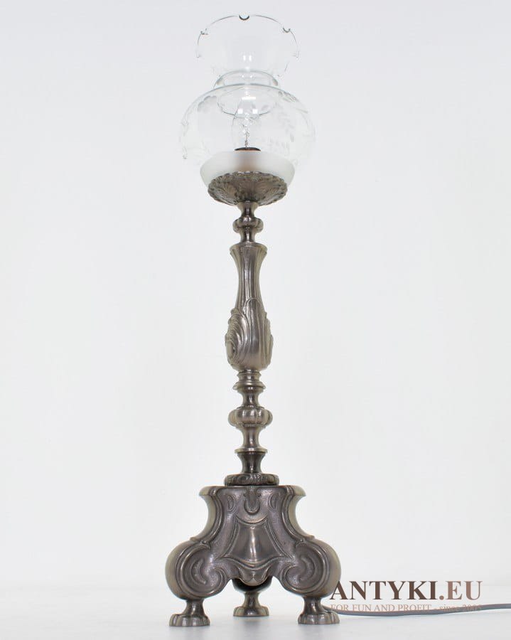 Lampa vintage srebrna stolikowa do pałacu lampka na stolik do zamku dworu oświetlenie stylowe