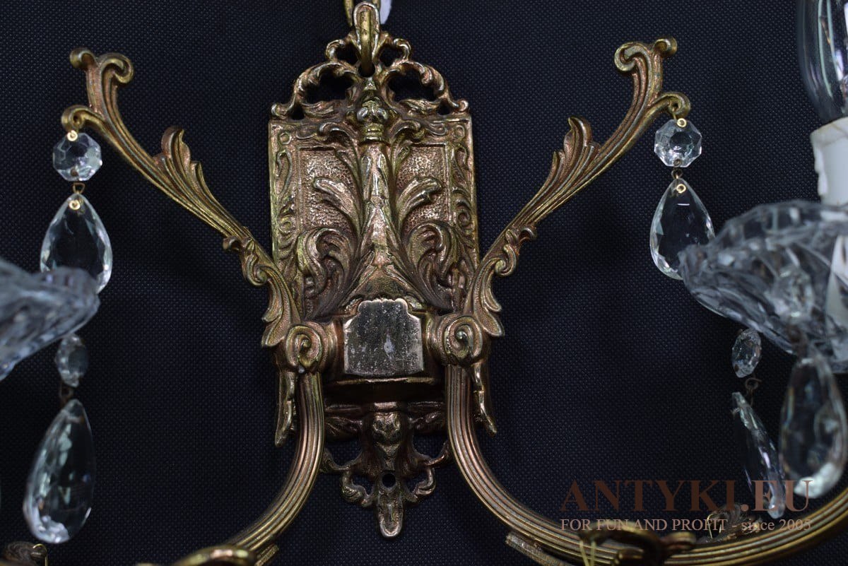 Mosiężny duży kinkiet z kryształami lampka na ściane oświetlenie retro vintage