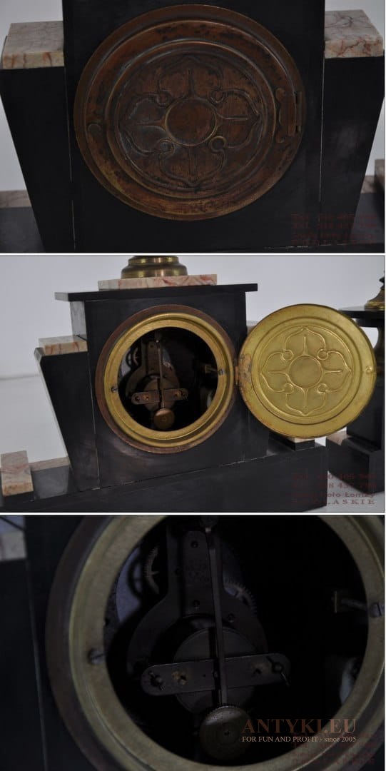 Muzealny zegar kominkowy z przystawkami prawdziwy antyk do dworu pałacu