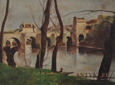 Obraz olejny , widok na rzekę i most.