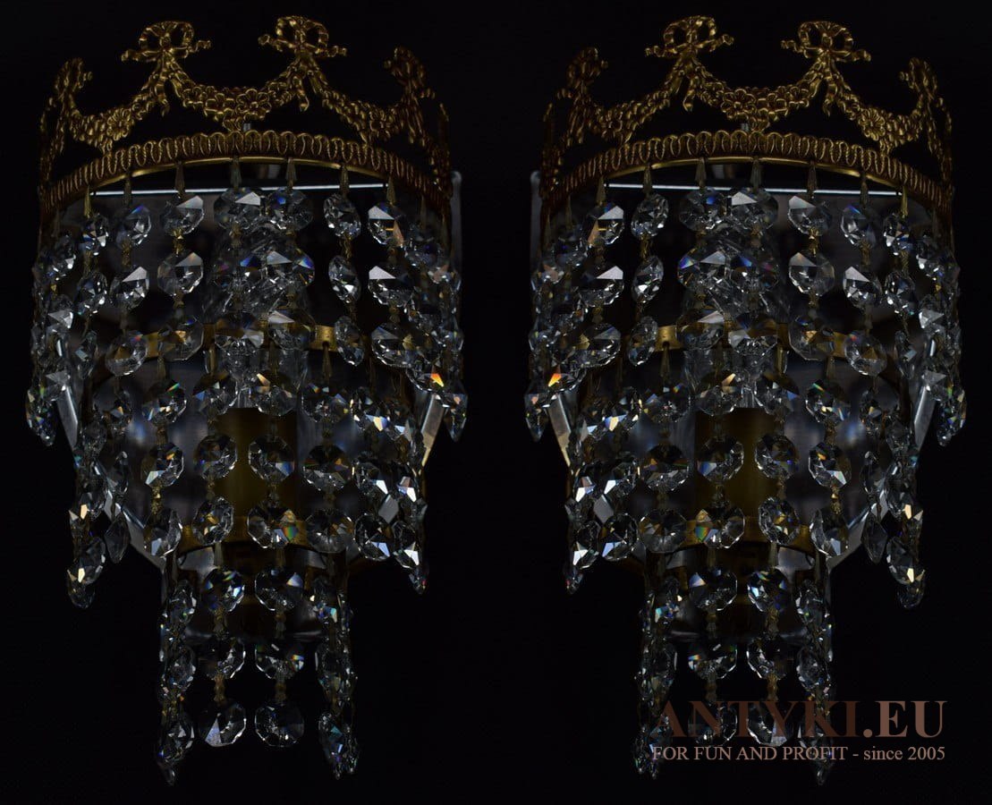 Oryginalne kryształowe kinkiety z okresu międzywojennego lampki ścianne z kryształami antyki do domu
