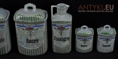 Porcelanowe naczynka do przypraw kuchennych. Secesyjny zestaw francuskich naczynek na przyprawy. Secesja Art Nouveau Jugendstil