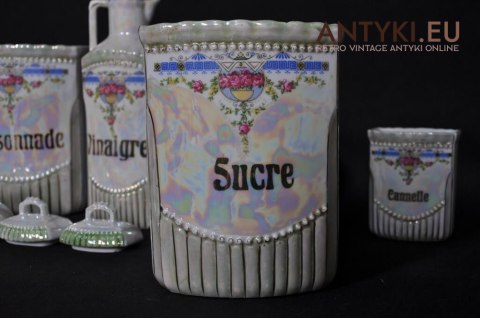 Porcelanowe naczynka do przypraw kuchennych. Secesyjny zestaw francuskich naczynek na przyprawy. Secesja Art Nouveau Jugendstil