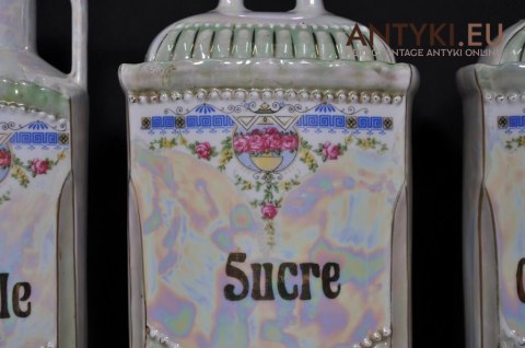 Porcelanowe naczynka do przypraw kuchennych. Secesyjny zestaw francuskich naczynek na przyprawy. Secesja Art Nouveau Jugendstil