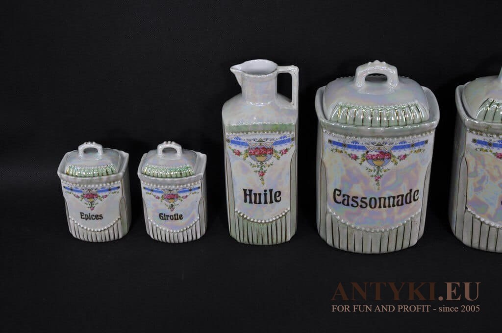 Porcelanowe naczynka do przypraw kuchennych. Secesyjny zestaw francuskich naczynek na przyprawy. Secesja Art Nouveau Jugendstil