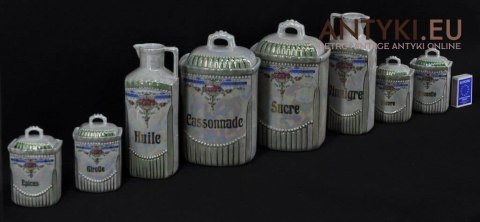 Porcelanowe naczynka do przypraw kuchennych. Secesyjny zestaw francuskich naczynek na przyprawy. Secesja Art Nouveau Jugendstil