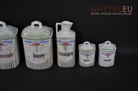 Porcelanowe naczynka do przypraw kuchennych. Secesyjny zestaw francuskich naczynek na przyprawy. Secesja Art Nouveau Jugendstil