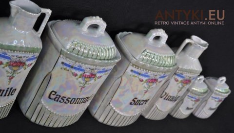 Porcelanowe naczynka do przypraw kuchennych. Secesyjny zestaw francuskich naczynek na przyprawy. Secesja Art Nouveau Jugendstil