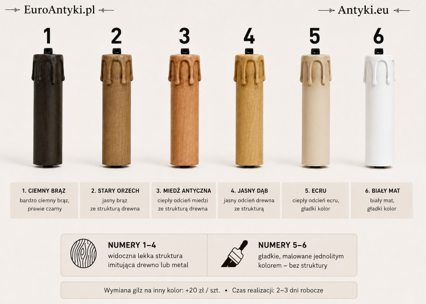 Sześć dostępnych kolorów gilz do lamp, kinkietów i żyrandoli
