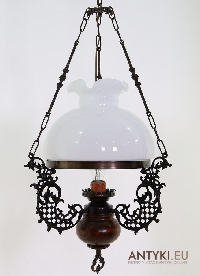 Duża retro lampa sufitowa z lat 70. w stylu rustykalno-secesyjnym – drewno, szkło i mosiądz