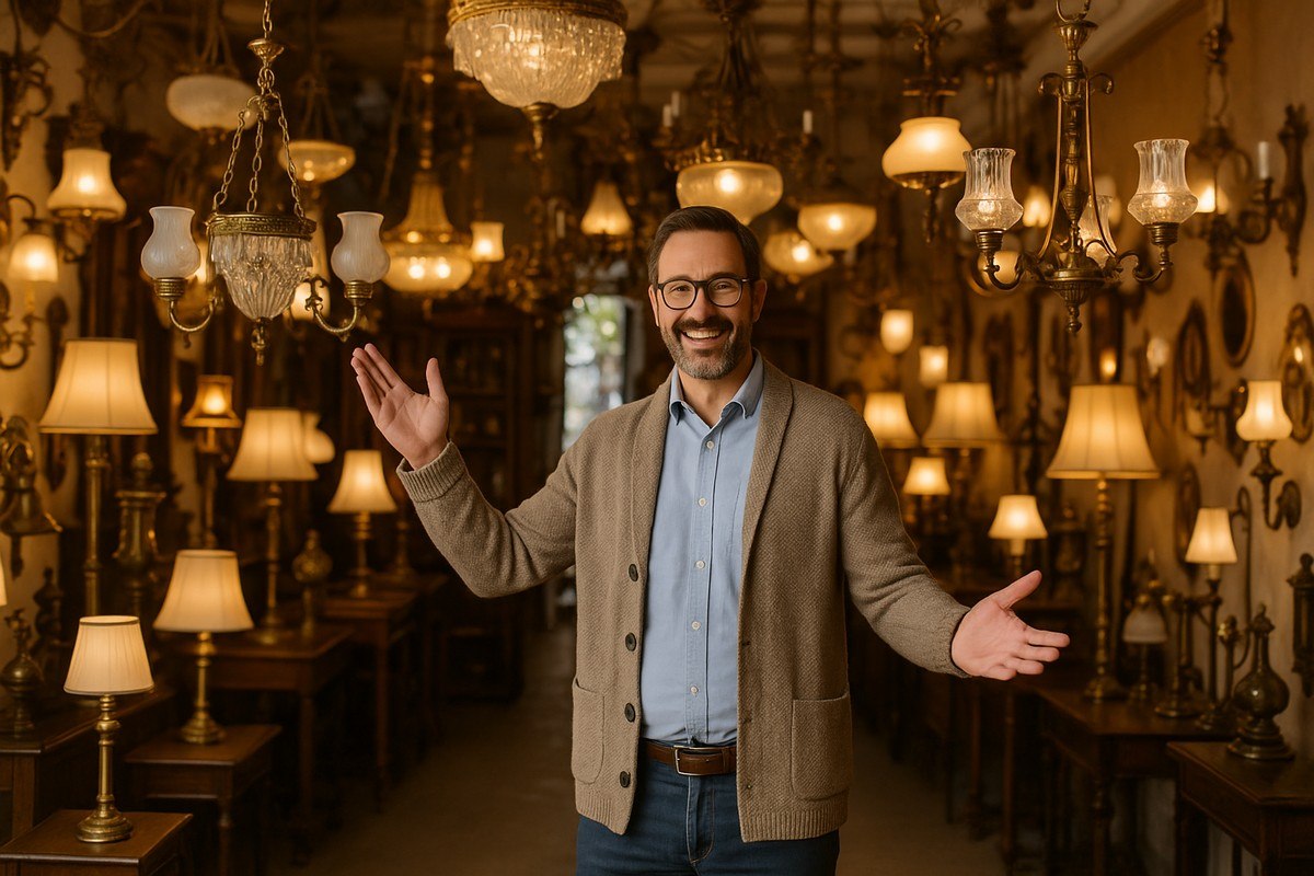 Wnętrze sklepu z antykami pełne lamp retro, vintage i antycznych żyrandoli, z uśmiechniętym sprzedawcą zapraszającym do środka – Antyki.eu