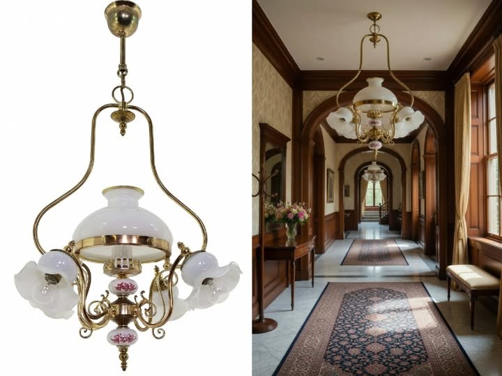 antyczna lampa vintage w rustykalnym wnętrzu z epoki