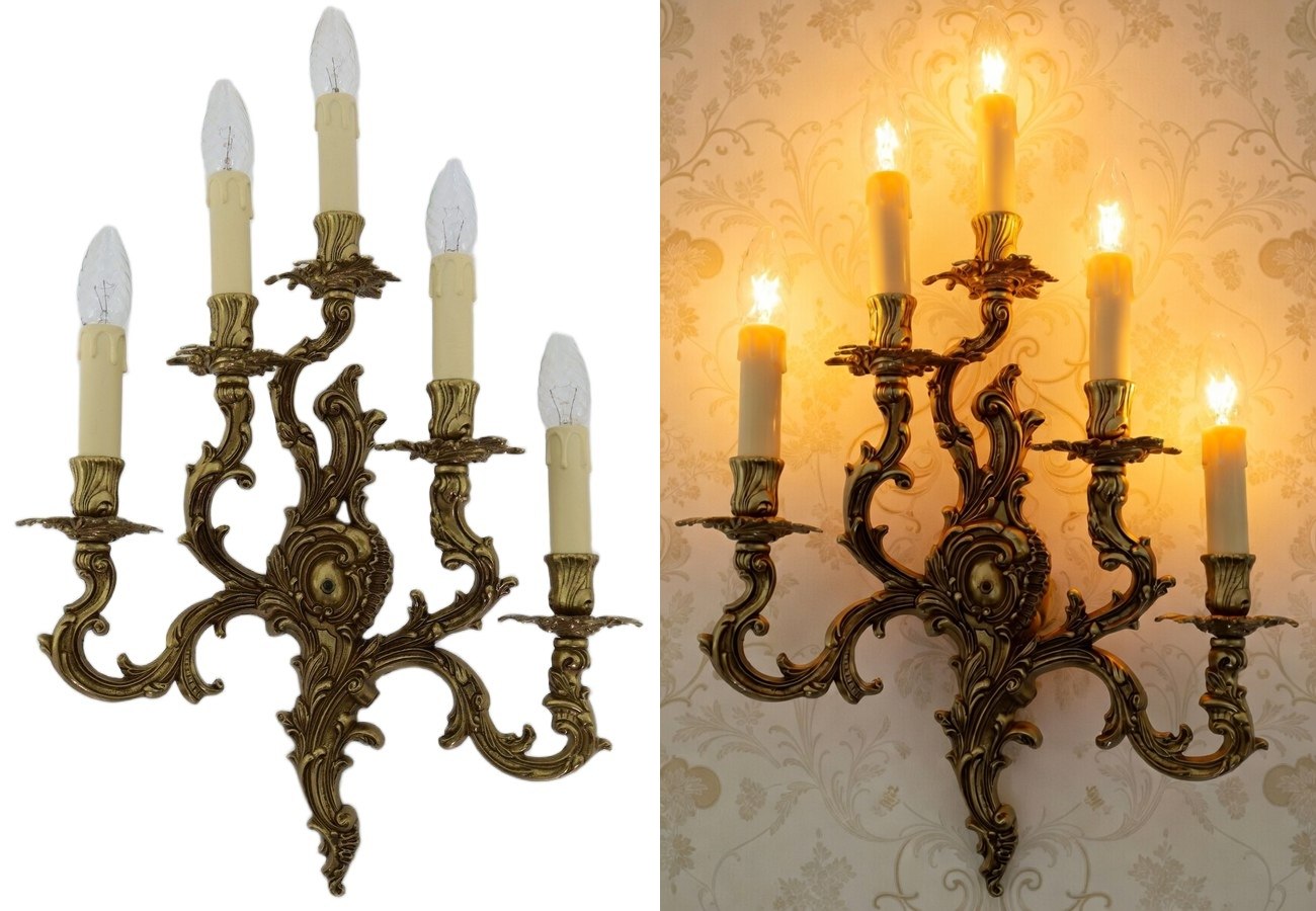antyczne kinkiety barokowe vintage z epoki mosiężne oświetlenie ścienne