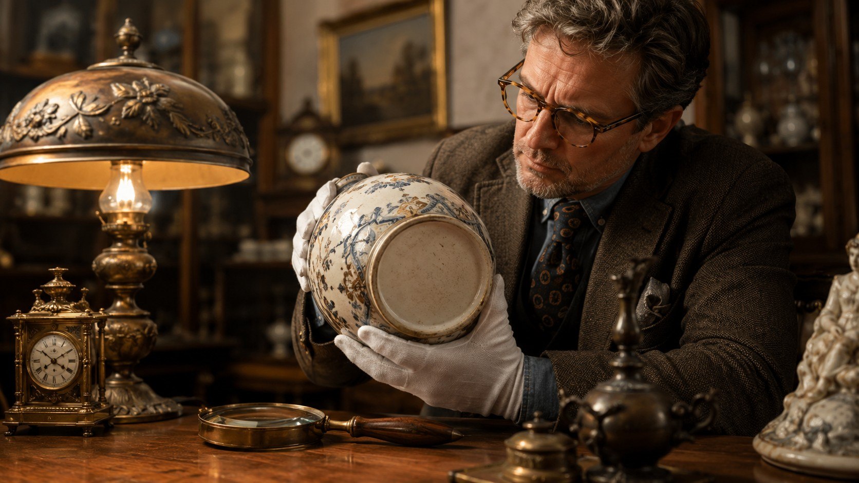Niesygnowany antyk vintage oglądany od spodu podczas sprawdzania materiału, konstrukcji i ślad&oacute;w epoki