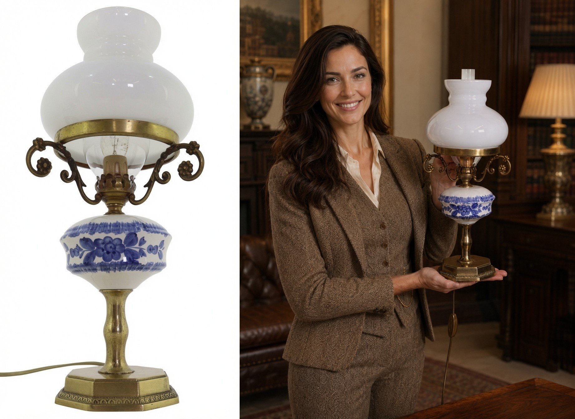 Mosiężna lampa stołowa vintage w stylu naftowym