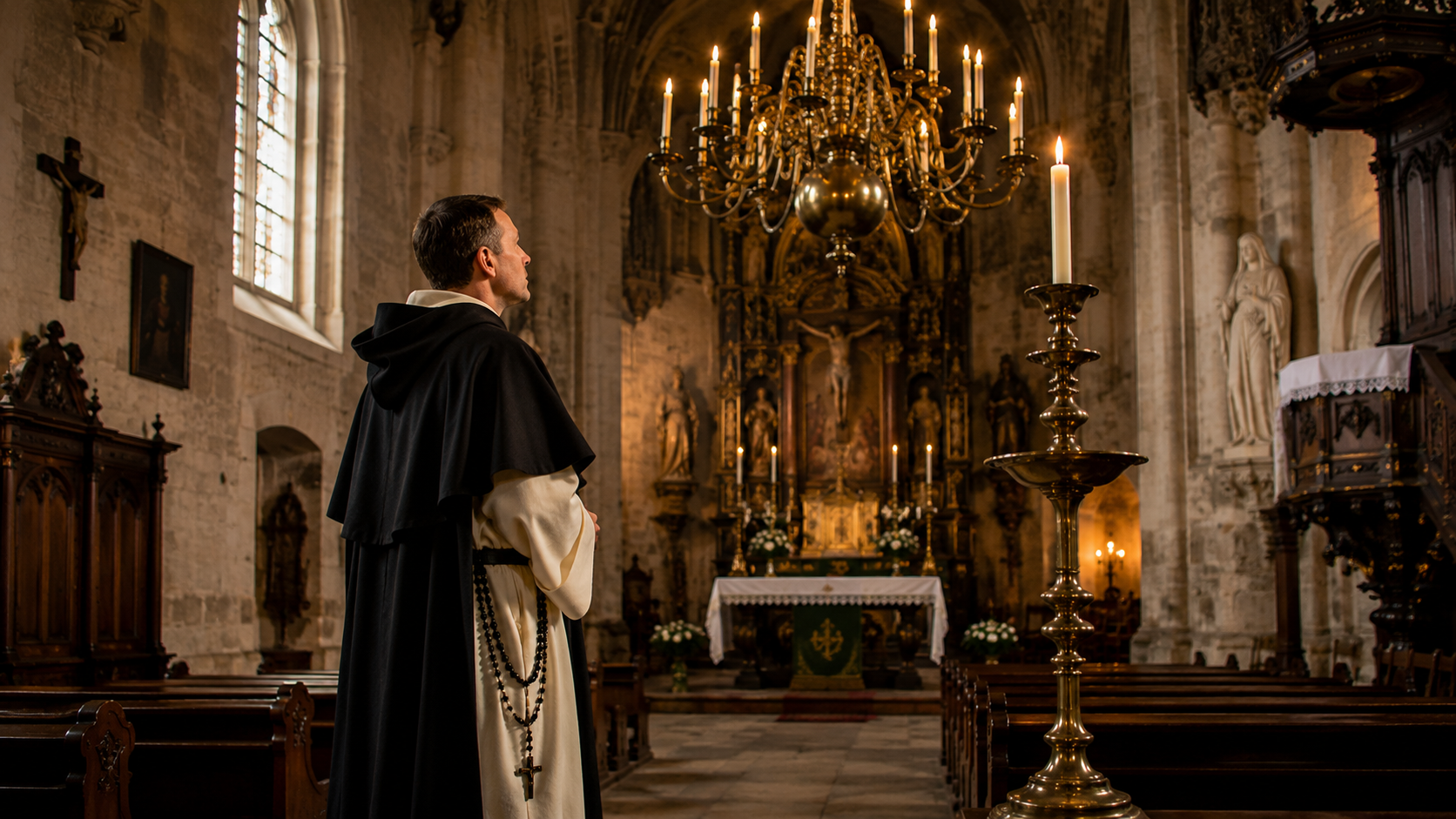 dominikanin w biało-czarnym habicie we wnętrzu zabytkowego kościoła z antycznym mosiężnym żyrandolem