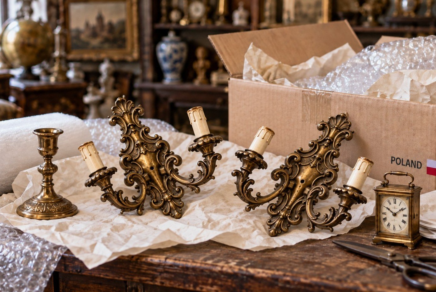 Antique Baroque wall sconces from Poland prepared for worldwide shipping