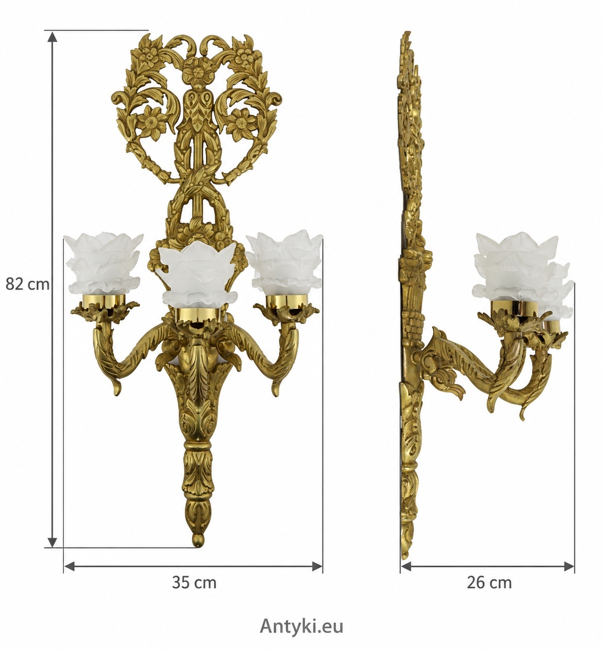 kinkiet z brązu z oznaczoną wysokością 82 cm, szerokością 35 cm i głębokością 26 cm